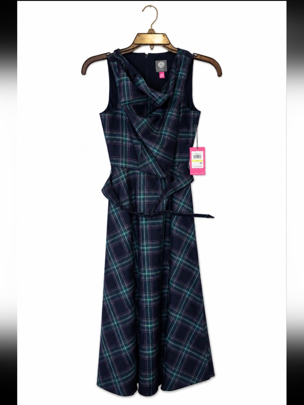 Vince Camuto Women's Size 4 Navy Plaid Sleeveless Maxi Dress with Peplum